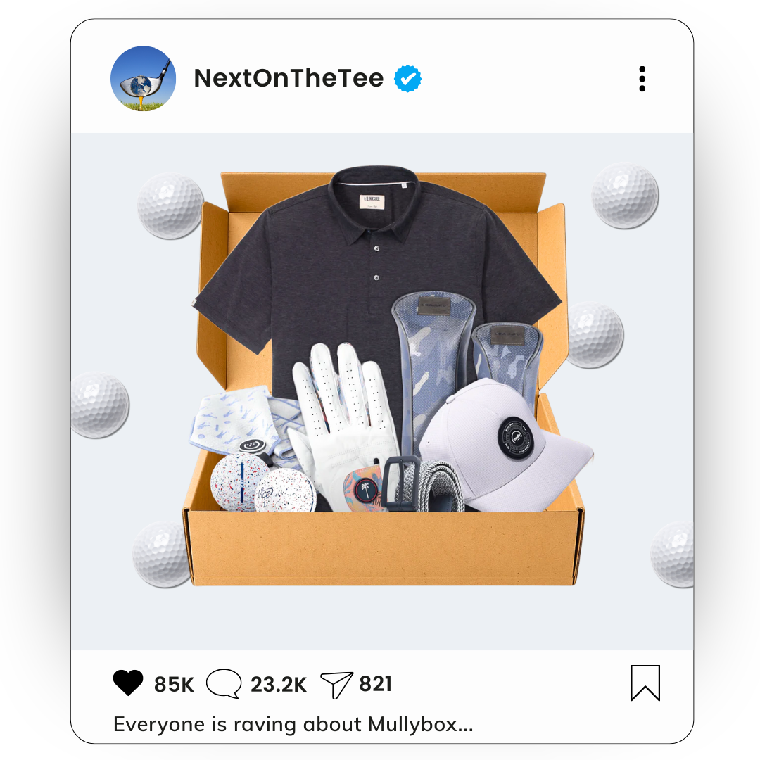 NextOnTheTee social media post featuring Mullybox subscription box with golf gear including polo shirt, gloves, and accessories